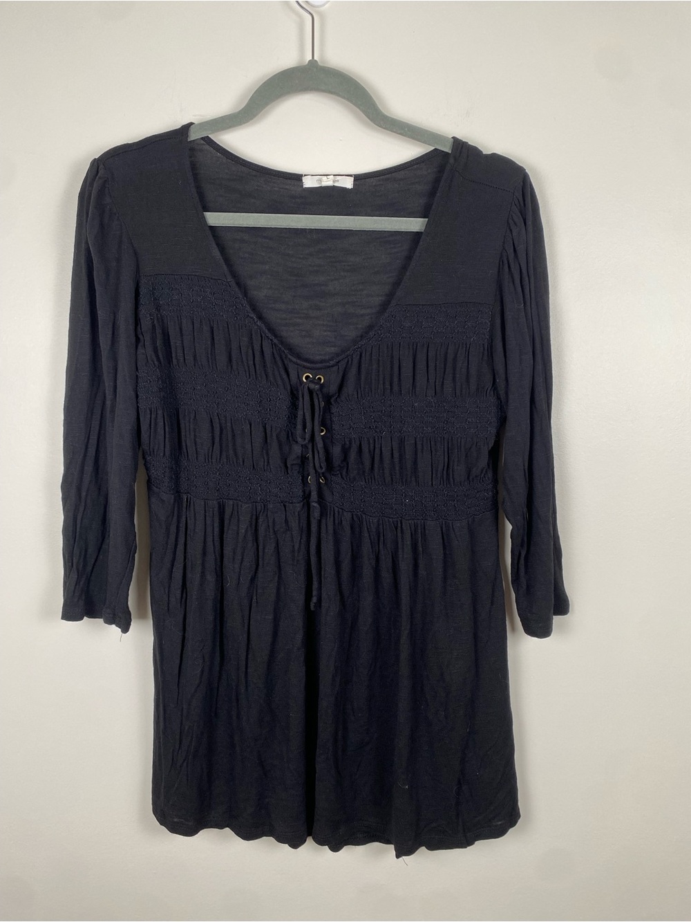 Maurice's Black Women's Scoop Neck Peasant Top with Tie Detail